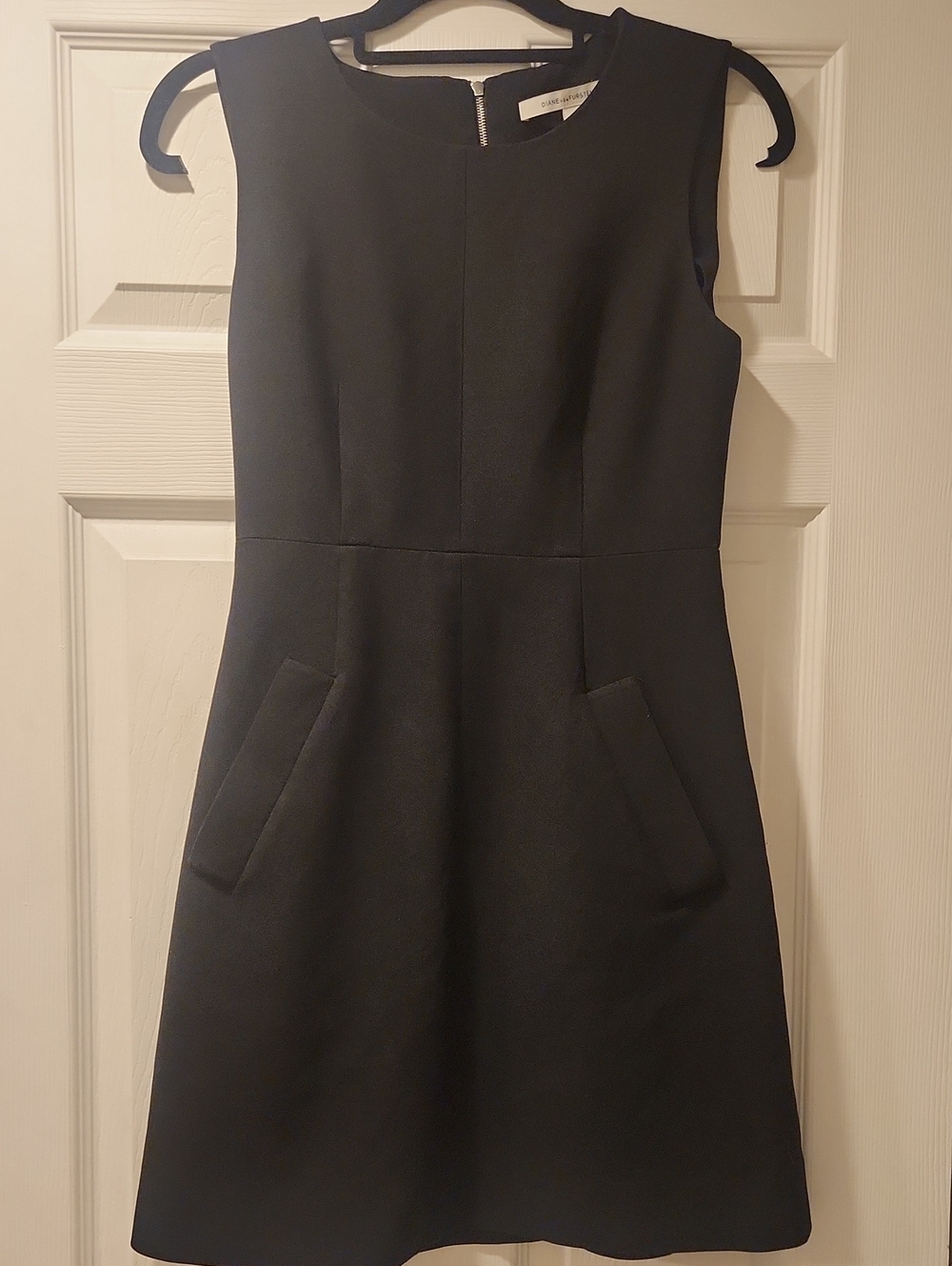 DVF Black Sleeveless A-Line Mini Dress with Front Pockets